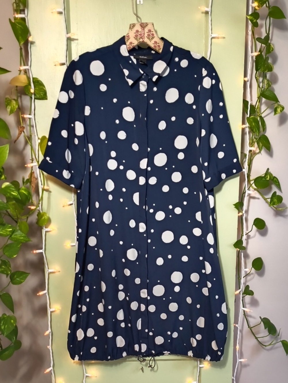 Women's Alfani Navy White Dot Short Sleeve Bubble Hem Collared Dress 4